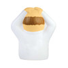 A stress relief toy shaped like a figure with a beige head and white body, featuring brown hair. It has a logo on it.