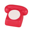 A red stress telephone shaped like a classic phone, featuring a white circular centre and a rounded handle.
