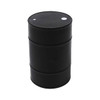 A black stress oil drum featuring a cylindrical shape with two circular details on top and a branded logo.