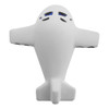 A white stress toy in the shape of an aeroplane with blue accents and black details. It features a simple design and a logo.