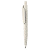 A white pen with a textured surface and a clip, featuring branding.