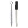 A retractable metal straw in silver, accompanied by a cleaning brush with a looped end.