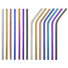 A collection of colourful stainless steel straws, featuring straight and bent designs in various metallic hues.