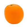 An orange stress ball with a vibrant orange colour, featuring a textured surface and a small green stem on top.