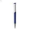 A blue plastic pen with a white clip and a metallic tip, featuring a logo.