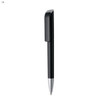 A black plastic pen with a sleek design and a silver tip. It features a logo on the barrel.