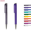 A plastic pen in purple with a silver tip, alongside a variety of pens in multiple colours. The image includes branding.