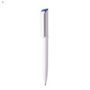 A plastic pen in white, featuring a blue clip at the top and a minimalist design. It has a logo on the barrel.