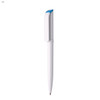 A plastic pen in white with a blue cap. It features a logo on its body.