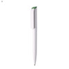 A plastic pen in white with a green top. It features a logo on the barrel.