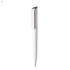A plastic pen in white with a sleek design and a cap, featuring a logo on the side.