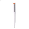 A plastic pen in white with an orange cap and a branding logo.