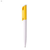 A plastic pen with a white barrel and a bright yellow cap, featuring a logo on the barrel.