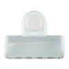 A clear plastic toothbrush holder with a white top and a circular attachment. It features multiple slots for toothbrushes.