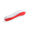 A toothbrush with a white and red design, featuring a textured grip and a rounded head. It has a logo on the side.