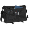A black briefcase featuring multiple pockets, a notebook, pens, and a smartphone visible in the front.