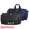 Two duffle bags in black and navy blue, each with a logo, featuring top handles and zippered pockets.