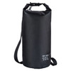 A black 10L dry sack with a shoulder strap and a logo. Suitable for waterproof storage.