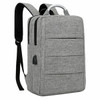 A grey laptop backpack with multiple compartments and padded shoulder straps, featuring a handle on top and a logo.