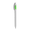 A metal pen with a sleek white barrel and a bright green accent. Features a logo on the barrel.