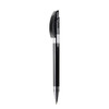 A metal pen with a sleek black finish and chrome accents, featuring a logo on its body.