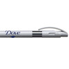 A metal pen in silver with a grey clip and a branding logo. The pen has a sleek, modern design.