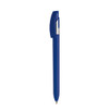 A blue metal pen with a sleek design and a silver clip. It features a logo on its body.