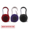 A red, purple, and black carabiner tape measure with a logo, designed for easy attachment and portability.