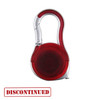 A red carabiner tape measure with a shiny silver clip and a logo on the side.