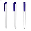 A plastic pen with a white barrel and a blue clip, displayed from multiple angles. It features a logo.