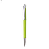 A plastic pen in bright green with a chrome clip and silver tip. The pen features a branding logo.