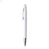 A white plastic pen with a silver clip and tip, featuring a simple, sleek design.