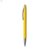 A yellow metal pen with a shiny silver clip and tip, featuring a branding logo.