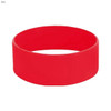 A large red silicone wristband with a smooth texture and a circular design. Features a logo.