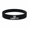 A black silicone wristband with the word "UNITY" printed in white and a logo on it.