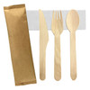 A wooden cutlery set in natural wood colour, including a knife, fork, and spoon, packaged with a paper wrap.