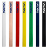 A collection of carpenter pencils in white, natural wood, red, yellow, green, navy, and black, featuring logos.