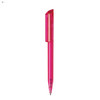 A pink plastic pen with a transparent body and a matching cap, featuring a logo on the side.