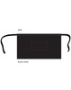 A black short waist apron with ties and a pocket, measuring 85.5cm x 45.5cm. Features a logo on the front.