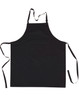 A black bib apron with a front pocket and adjustable neck straps, featuring long waist ties.