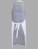A bib apron featuring a grey top and white lower section, with an adjustable neck strap and a tied waist.