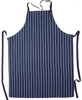 A navy and white striped apron with a front pocket and long ties for adjustment. Features a logo.