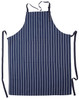 A navy and white striped apron with a front pocket and long ties for adjustment. Features a logo.
