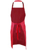 A red apron with white stripes featuring an adjustable neck strap and a waist tie. It has a logo on the front.