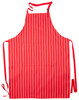 A red and white striped butcher's apron with ties and pockets. It features a logo on the fabric.