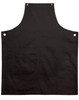 A black canvas bib apron featuring a front pocket and gold-toned buttons. It has a simple, classic design.