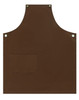 A brown canvas bib apron featuring a front pocket and metal eyelets. It has a simple and sturdy design.