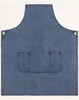Denim bib apron in blue with a front pocket and metal snaps, featuring a logo.