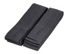 Two black changeable apron straps made from durable fabric, featuring a textured finish and secured folds.