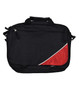 A black satchel/shoulder bag with a red accent and a logo on the front. Features two handles and a zip closure.